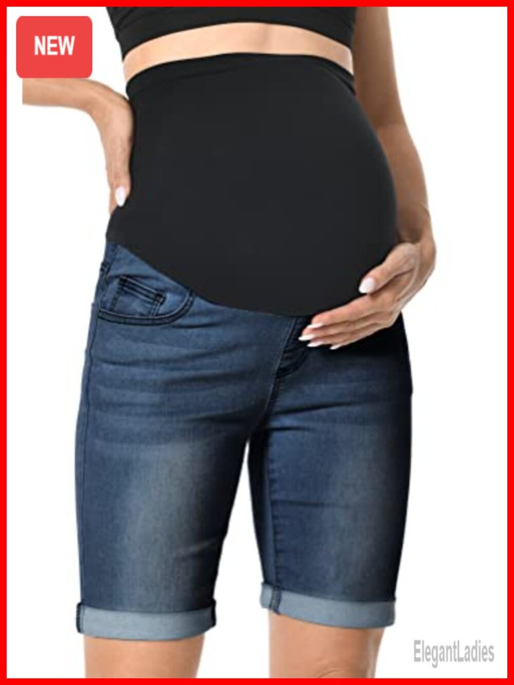 Maternity Denim Bermuda Shorts High Rise Rolled Cuff